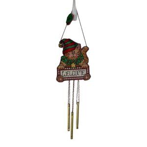 Handmade Finished Cross-Stitched Christmas Kitty Cat Welcome Sign Wind Chimes